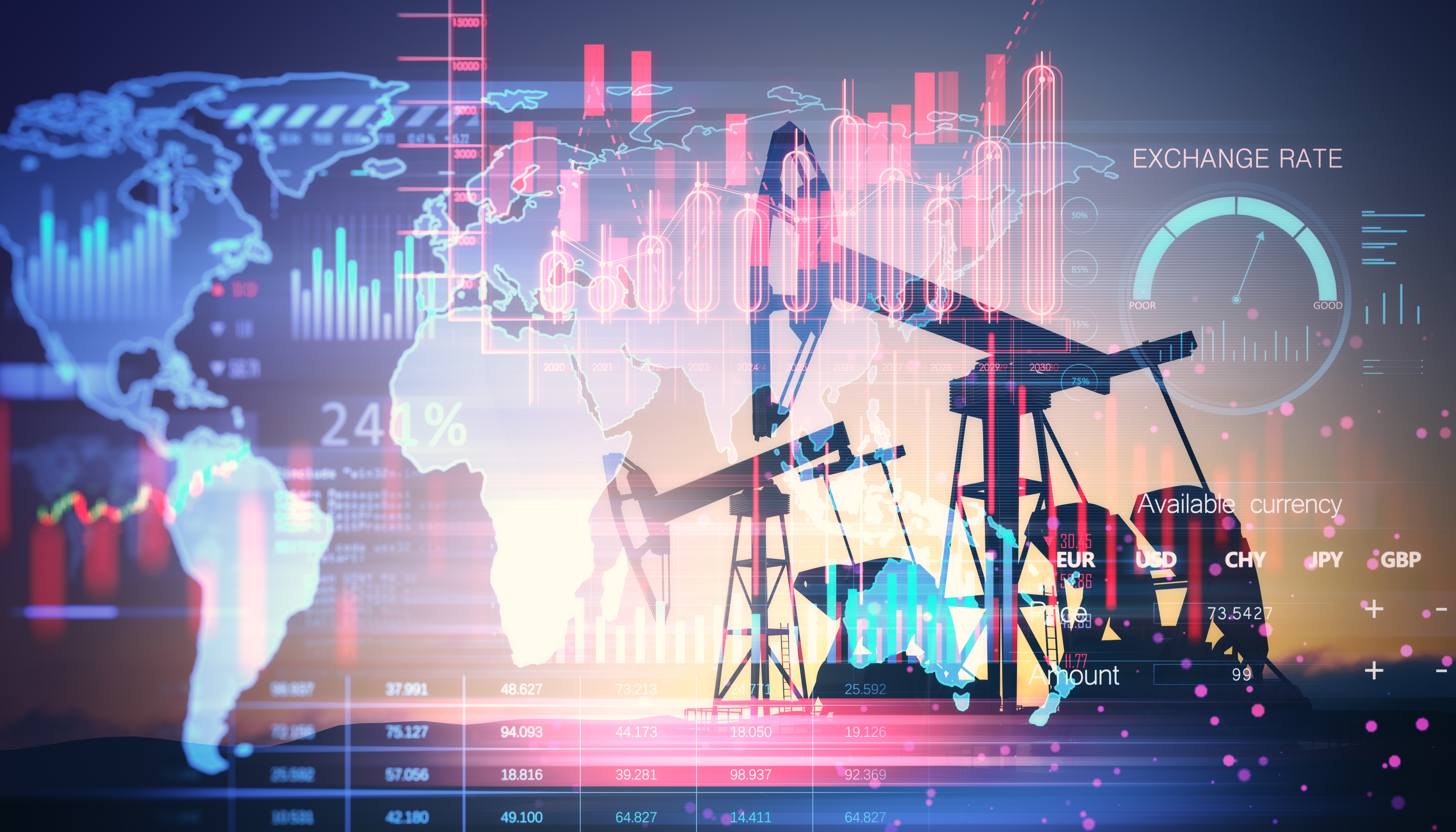 Oil pump jack silhouetted against global financial market data overlay illustrating the intersection of energy markets and geopolitical risk